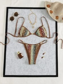 Swim Vcay 新款女士优雅波西米亚风两件式比基尼套装，巧克力棕色底色搭配波浪形扇贝针织纹理印花，带钢圈三角上衣，金色圆环装饰，高腰性感泳裤，时尚复古泳装，Y2K 性感辣妹风沙滩装，完美适用于夏季海滩度假、泳池派对、度假村之旅、音乐节、春假旅行、海岛度假等场合。 - 彩色 - 查看 4