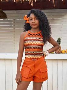 SHEIN Tween Girls 2pcs/Set Vacation Beach Holiday Orange Burnt Orange Knitted Halter Asymmetric Hem Tank Top + Woven Cargo Shorts Matching... - Orange - View 4