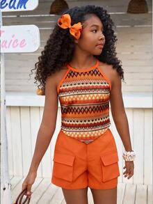 SHEIN Tween Girls 2pcs/Set Vacation Beach Holiday Orange Burnt Orange Knitted Halter Asymmetric Hem Tank Top + Woven Cargo Shorts Matching... - Orange - View 3