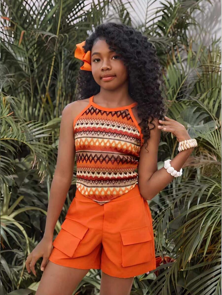 SHEIN Tween Girls 2pcs/Set Vacation Beach Holiday Orange Burnt Orange Knitted Halter Asymmetric Hem Tank Top + Woven Cargo Shorts Matching... - Orange - View 1