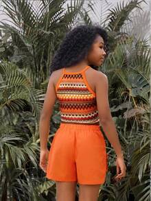 SHEIN Tween Girls 2pcs/Set Vacation Beach Holiday Orange Burnt Orange Knitted Halter Asymmetric Hem Tank Top + Woven Cargo Shorts Matching... - Orange - View 2