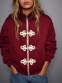 Nöista Women Burgundy Sweater With Front Oriental Buttons In Contrast Color. Perfect For Weekend, Activewear Jacket,  Everyday, Fall,  Winter,  Outfits. - Burgundy - View 3