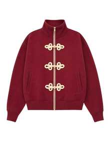 Nöista Women Burgundy Sweater With Front Oriental Buttons In Contrast Color. Perfect For Weekend, Activewear Jacket,  Everyday, Fall,  Winter,  Outfits. - Burgundy - View 8