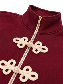 Nöista Women Burgundy Sweater With Front Oriental Buttons In Contrast Color. Perfect For Weekend, Activewear Jacket,  Everyday, Fall,  Winter,  Outfits. - Burgundy - View 10