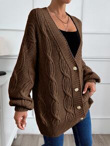 EURMUSE Women Cable Knit Detailed Oversize Cardigan - Brown - View 3