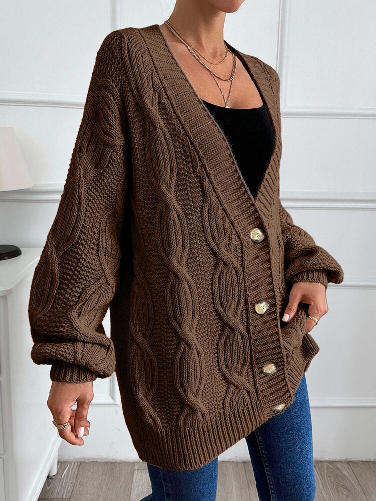 EURMUSE Women Cable Knit Detailed Oversize Cardigan - Brown - View 2