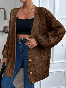 EURMUSE Women Cable Knit Detailed Oversize Cardigan - Brown - View 6