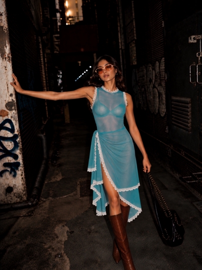 Zerodot Vestido túnica elegante midi para mujer, azul, de malla, con detalle de borde de encaje asimétrico, para fiesta y salidas, otoño y pre-otoño