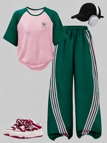 SHEIN Sparklyn 粉綠拼色落肩短袖T恤蝴蝶結裝飾直筒寬腿褲套裝 寬鬆休閒街頭風 六年級正式夏季款 - 綠色 - 查看 3