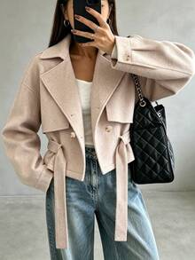 SHEIN معطف نسائي بلون موحد بأكمام طويلة وأكتاف منسدلة، كاجوال ومتعدد الاستخدامات - كاكي - مشاهدة 3