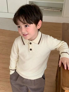 DAZY Infant (Boy) Turn Collar Striped Korean Style Short Sleeve Solid Color POLO Collar Top - Apricot - View 7