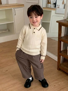 DAZY Infant (Boy) Turn Collar Striped Korean Style Short Sleeve Solid Color POLO Collar Top - Apricot - View 3