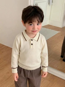 DAZY Infant (Boy) Turn Collar Striped Korean Style Short Sleeve Solid Color POLO Collar Top - Apricot - View 5