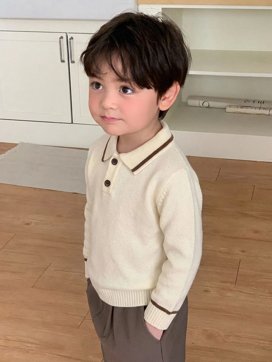 DAZY Infant (Boy) Turn Collar Striped Korean Style Short Sleeve Solid Color POLO Collar Top - Apricot - View 1