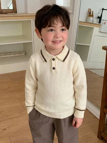 DAZY Infant (Boy) Turn Collar Striped Korean Style Short Sleeve Solid Color POLO Collar Top - Apricot - View 6