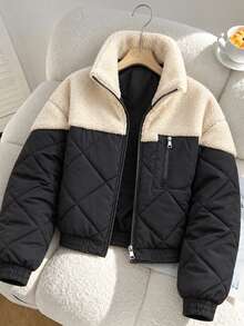 SHEIN Teenager Patchwork Diamond Quilted Padded Stand Collar Short Padded Coat Casual Daily Wear Autumn/Winter - Multicolor - View 5