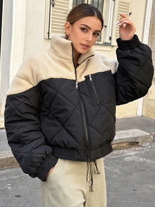 SHEIN Teenager Patchwork Diamond Quilted Padded Stand Collar Short Padded Coat Casual Daily Wear Autumn/Winter - Multicolor - View 2