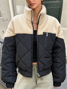 SHEIN Teenager Patchwork Diamond Quilted Padded Stand Collar Short Padded Coat Casual Daily Wear Autumn/Winter - Multicolor - View 4