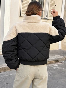 SHEIN Teenager Patchwork Diamond Quilted Padded Stand Collar Short Padded Coat Casual Daily Wear Autumn/Winter - Multicolor - View 3
