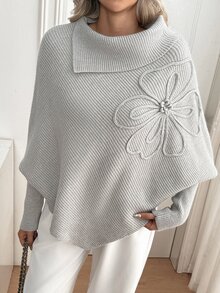 Elenzga 女款優雅日常 3D 花卉裝飾蝙蝠袖罩衫毛衣 - 淺灰色 - 查看 5