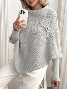 Elenzga 女款優雅日常 3D 花卉裝飾蝙蝠袖罩衫毛衣 - 淺灰色 - 查看 4