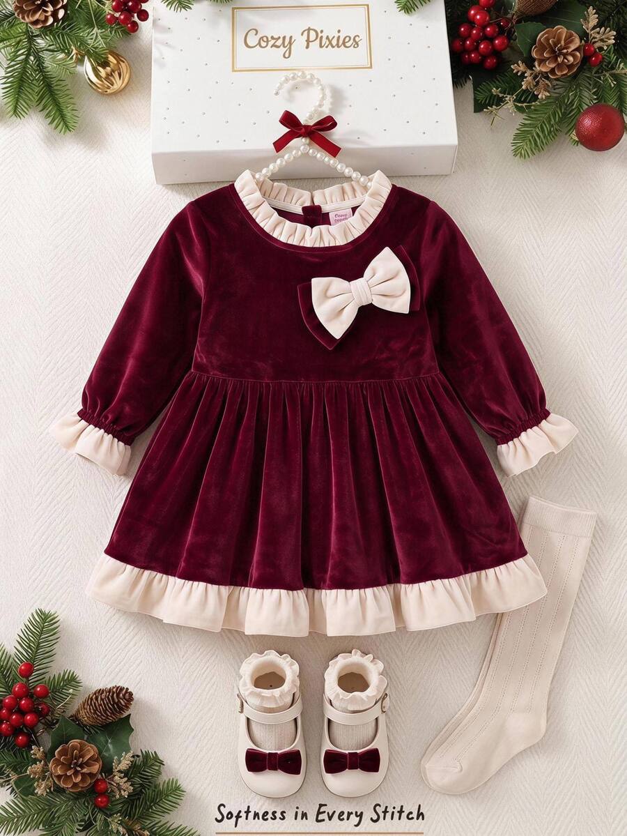 Cozy Pixies Baby Girls Dresses Knitted Soft Round Neck Ruffle Long Sleeve Waist-Cinching Dress Christmas Style Big Bow - Red and White - View 1