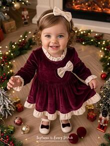 Cozy Pixies Baby Girls Dresses Knitted Soft Round Neck Ruffle Long Sleeve Waist-Cinching Dress Christmas Style Big Bow - Red and White - View 5