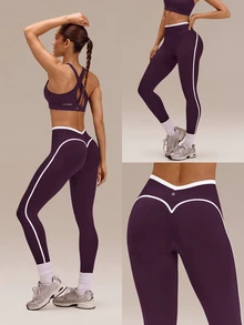 GLOWMODE 24" Ultrafine Soft Seamless V-Waist Contoured Scrunch Bum Contrast Seams Non-See-Through Leggings Running Workout Gym - Bold Plum - View 9