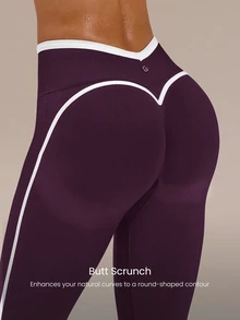 GLOWMODE 24" Ultrafine Soft Seamless V-Waist Contoured Scrunch Bum Contrast Seams Non-See-Through Leggings Running Workout Gym - Bold Plum - View 4