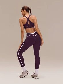 GLOWMODE 24" Ultrafine Soft Seamless V-Waist Contoured Scrunch Bum Contrast Seams Non-See-Through Leggings Running Workout Gym - Bold Plum - View 8