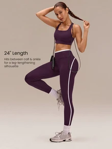 GLOWMODE 24" Ultrafine Soft Seamless V-Waist Contoured Scrunch Bum Contrast Seams Non-See-Through Leggings Running Workout Gym - Bold Plum - View 5