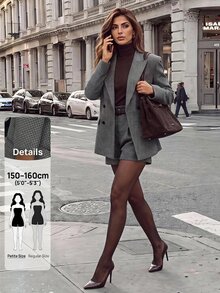 SHEIN PETITE Setelan Jas Wanita Lengan Panjang Berkerah Bercorak Kotak-kotak dan Celana Pendek - Coklat - View 3