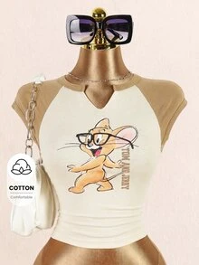 TOM & JERRY X SHEIN 女款字母卡通印花缺口V領插肩袖T恤 - 卡其色 - 查看 1
