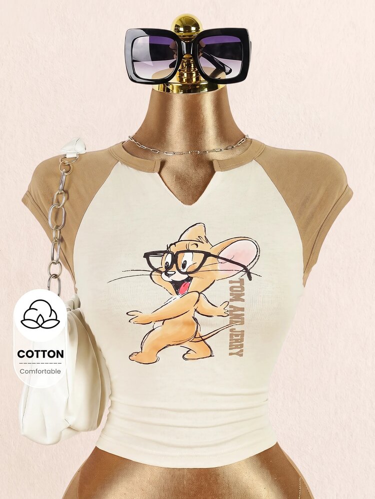 TOM & JERRY X SHEIN Women's Letter Cartoon Print Notch V-Neck Raglan Sleeve T-Shirt - Khaki - View 1
