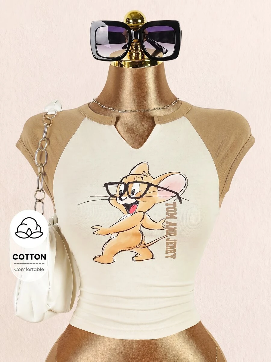TOM & JERRY X SHEIN 女款字母卡通印花缺口V領插肩袖T恤 - 卡其色 - 查看 1