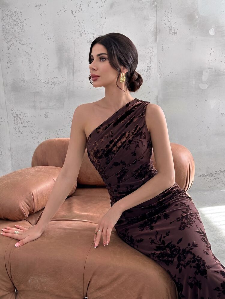 Firerie Women's Elegant Formal Dinner Party Night Wedding Vintage Mesh One Shoulder Waist Pleated A-Line Sleeveless Dress Brown Floral Summer - Brown - View 7