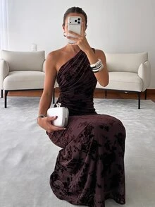 Firerie 女款優雅正式晚宴派對婚禮復古網紗單肩收腰百褶A字無袖洋裝 棕色花卉 夏季 - 棕色 - 查看 2