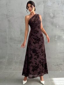 Firerie 女款優雅正式晚宴派對婚禮復古網紗單肩收腰百褶A字無袖洋裝 棕色花卉 夏季 - 棕色 - 查看 12