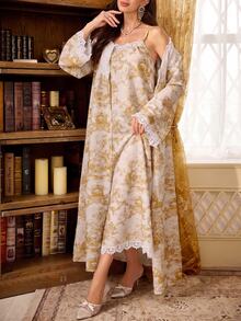 PalaceNights Women's Pajama Set With Landscape Chinese Style Print, Luxurious Lace Decor, Loose Long Sleeve Robe, Camisole Slip Dress, Ruffle Trim, Woven Textured Fabric - Yellow - View 3