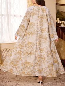 PalaceNights Women's Pajama Set With Landscape Chinese Style Print, Luxurious Lace Decor, Loose Long Sleeve Robe, Camisole Slip Dress, Ruffle Trim, Woven Textured Fabric - Yellow - View 2