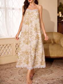 PalaceNights Women's Pajama Set With Landscape Chinese Style Print, Luxurious Lace Decor, Loose Long Sleeve Robe, Camisole Slip Dress, Ruffle Trim, Woven Textured Fabric - Yellow - View 4