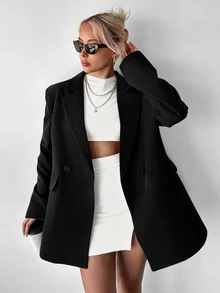 Ritzy Row Women's Casual Oversized Padded Shoulder Mid-Length Double-Breasted Blazer - Black - View 5