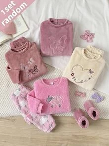 SHEIN 女童小女孩可愛休閒毛絨長袖上衣與長褲套裝，適合秋季 - 淺粉色 - 查看 6