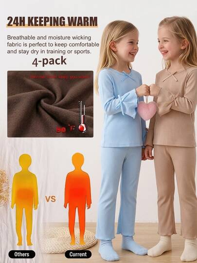 Girls Casual Elegant 4-Piece Set, 3D Bowknot Round Neck Long Sleeve Pants, Comfortable Soft