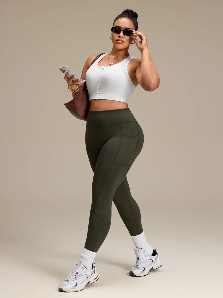 Rhythm Era 2pcs Plus Size Women Solid Color High Waist Pockets Sports Leggings - Multicolor - View 1