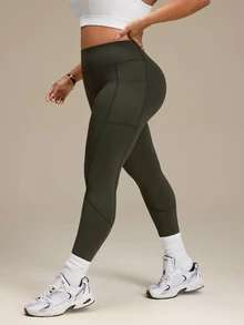 Rhythm Era 2pcs Plus Size Women Solid Color High Waist Pockets Sports Leggings - Multicolor - View 5