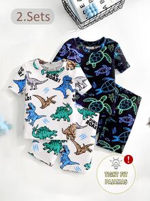 8套隨機發送 2套]男嬰睡衣可愛恐龍海洋生物恐龍印花短袖短褲針織舒適柔軟貼身睡衣家居服套裝 - 彩色 - 查看 3
