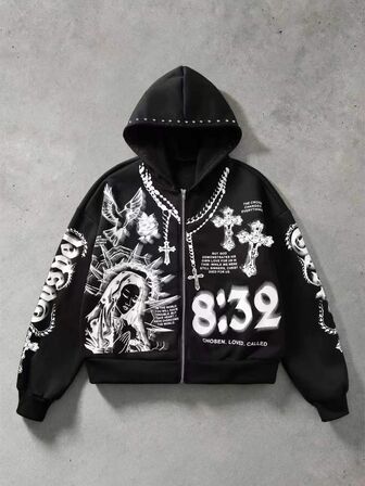 Nieten-Dekor bedrucktes Muster lockeres Sweatshirt Street Retro