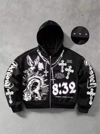 Rivet Decor Printed Pattern Loose Sweatshirt Street Retro
