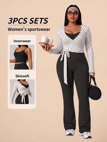Sweetra Women's Plus Size 3 Pieces Sports Yoga Outdoor Gym Workout Set, Adjustable Strap Length Camisole Tank Top With Side Tie And Criss-Cross Low Neck, Long Sleeve Fitted T-Shirt, Flare Leggings, Simple Basic Style